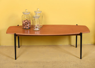 Antique Wood Coffee Table with Glass Jars
