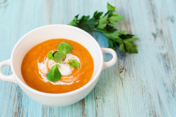 Vegetable soup with pumpkin and carrots, diet and vegetarian food. Banner for cafe