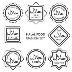 Halal food product labels. Islamic kosher certified arabic meal emblem templates. Vector illustration