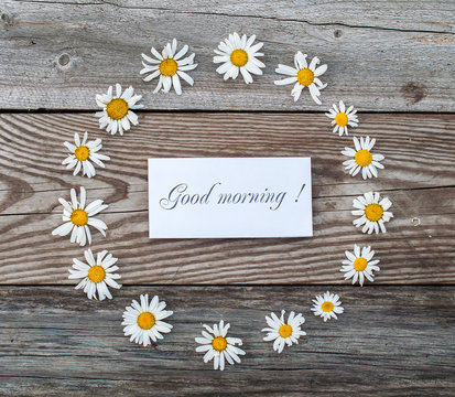 Morning greeting, meadow flowers, daisies on a wooden background. Decorative, summer Postcard and poster