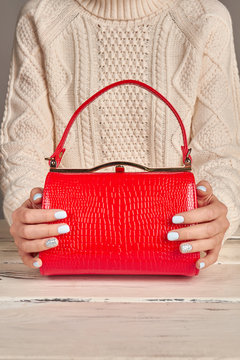 Elegant red lady's handbag in female hands.