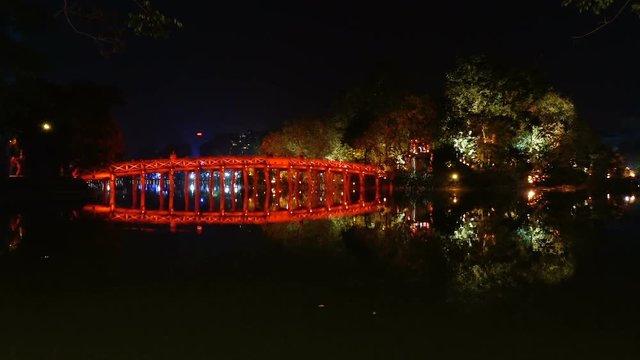  Night view of the bridge overHồ Hoàn Kiếm lake in the old center of Hanoi. Full HD stock footage. 
