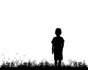 Vector silhouette of a child standing on the grass