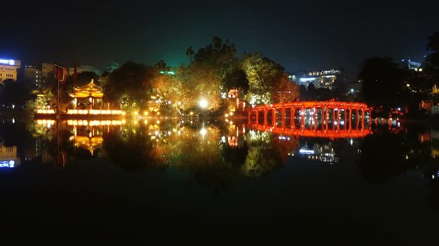  Night view of the bridge overHồ Hoàn Kiếm lake in the old center of Hanoi. Full HD stock footage. 
