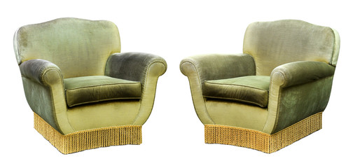 Two upholstered green velvet armchairs