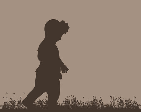 Vector, silhouette of a child on the grass, isolated