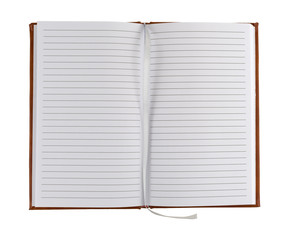 Opened journal with a cloth ribbon book mark isolated on a white background.