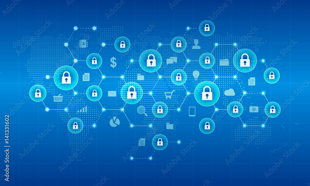 Poster global business internet network connection security and digital cyber security background concept
