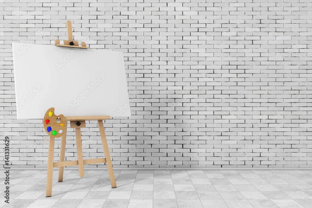 Poster wooden artist easel with white mock up canvas and palette. 3d rendering