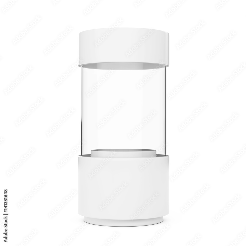 Poster white empty glass shop showcase cylinder. 3d rendering