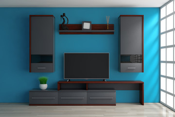Modern Living Room Wall Unit in Room. 3d Rendering