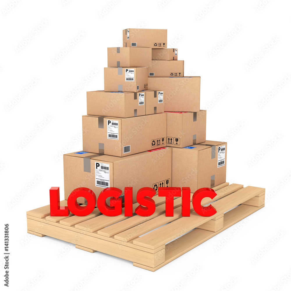 Aufkleber Logistics concept. Cardboard Boxes on Wooden Palette with Logistic Sign. 3d Rendering