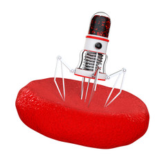 Blood Nano Robot with Camera, Claws and Needle over Blood Cell. 3d Rendering