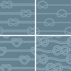 Pattern with knots, blue. Four different versions of seamless pattern vectors made with nautical strings.