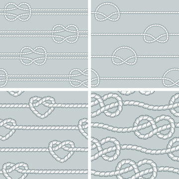 Pattern with knots, light blue. Four different versions of seamless pattern vectors made with nautical strings.