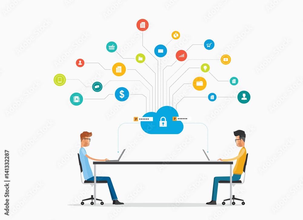 Poster Vector people business communication and working on cloud network concept  and technology cyber cloud  security concept