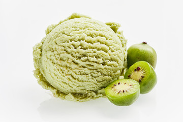 Scoop of green hardy kiwifruit ice cream