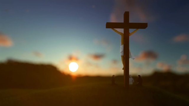 Jesus on cross against beautiful blurry sunset, believers praying