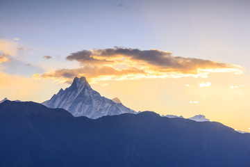 Fototapeta na wymiar Machapuchare mountain range (fish tail) with sunrise view from Poonhill, Nepal.
