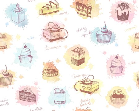Seamless background with colored sketches of cupcakes, berry pie and cake