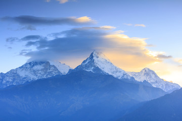 Fototapeta na wymiar Annapurna mountain range with sunrise view from Poonhill, famous trekking destination in Nepal.