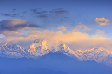 Fototapeta na wymiar Dhaulagiri mountain range with sunrise view from Poonhill, Nepal.
