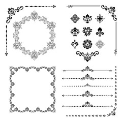 Vintage set of classic black elements. Different elements for decoration and design frames, cards, menus, backgrounds and monograms. Collection of floral ornaments