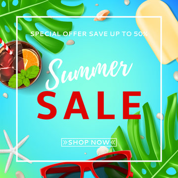 Summer sale backdrop with web button. Top view on sunglasses, seashells, fresh cocktail and ice cream on blue background. Vector illustration with leaves of tropical plant.