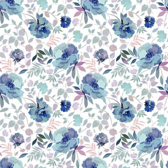 Seamless pattern with a floral pattern in blue, lilac, gray and beige tones.