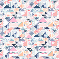 Seamless pattern with geometric figures, triangles, stripes in different colors.