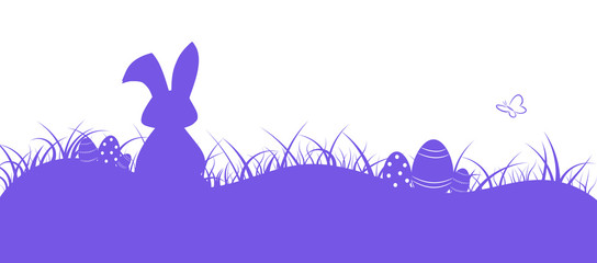 Easter. Field with rabbit, butterfly and eggs in purple shades.