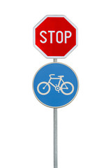 Road sign for a bicycle lane and stop sign isolated on white