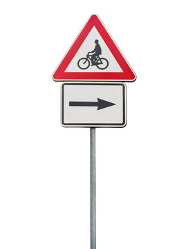 Road sign for right arow and red cycling sign isolated on rod