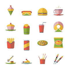 Retro Flat Fast Food Icons and Symbols Set Vector Illustration