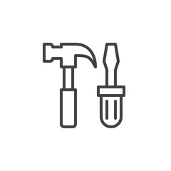 Tools, hammer and screwdriver line icon, outline vector sign, linear style pictogram isolated on white. Service symbol, logo illustration. Editable stroke. Pixel perfect