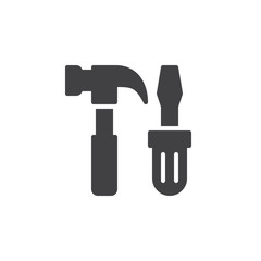 Tools, hammer and screwdriver icon vector, filled flat sign, solid pictogram isolated on white. Service symbol, logo illustration. Pixel perfect