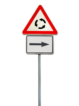 Road sign for right arow and Red roundabout sign