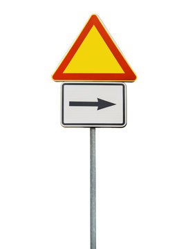  Road sign for right arow and red triangle sign isolated on rod