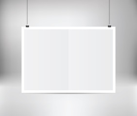 White vector poster hanging on binder with frame. Grey wall with poster mockup empty paper blank. Layout mock up. Horizontal template sheet. Paper sheet hanging on wall.