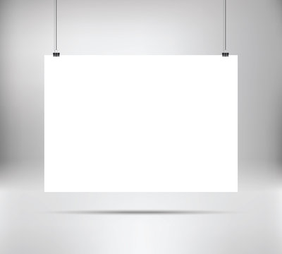 Empty white vector horizontal poster template. Poster mock up. Template of white blank vector poster. Mockup hanging on wall. Frame for paper sheet. A4, A3, A2, A1 format. Stock vector. 