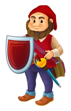 cartoon happy dwarf warrior standing and looking isolated
