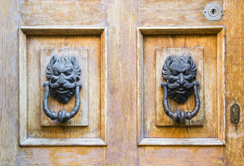 Lion head knockers on an old wooden door in Tuscany, Italy.