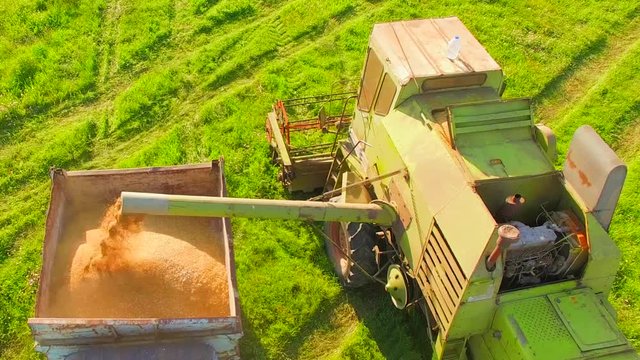 AERIAL VIEW. Harvester Loading Grain Of Wheat In Tractor Trailer