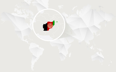 Afghanistan map with flag in contour on white polygonal World Map.