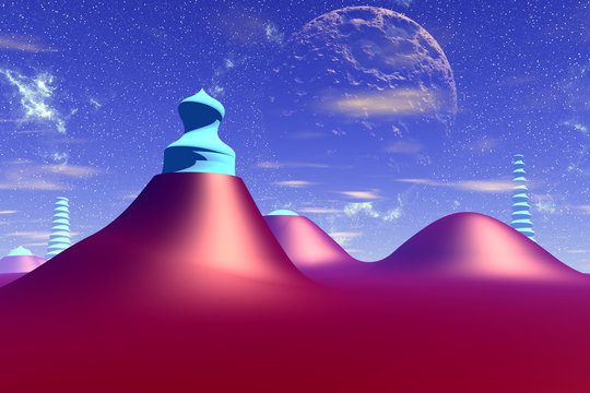 Stranger planet. Rocks and Desert. 3D rendering