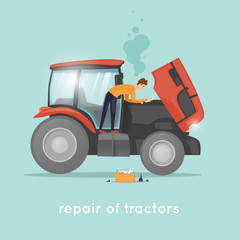 Tractor repair. Mechanic, agricultural machinery. Flat design vector illustrations.
