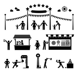 Amusement park pictogram icons. Fun and entertainment, festivals and outdoor celebrations.