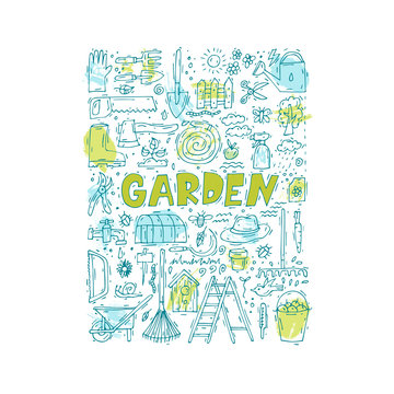 Garden tools doodle. Spring. Agriculture. Hand drawn. Vector illustration isolated on white background.
