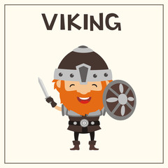 Obraz na płótnie Canvas Funny Viking with sword and shield in cartoon style. Isolated Viking with red beard in helmet.