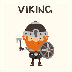 Funny Viking with axe and shield in cartoon style. Isolated Viking with red beard in helmet.